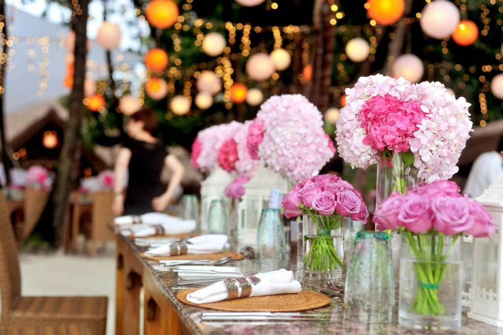 Pink flowers in vases