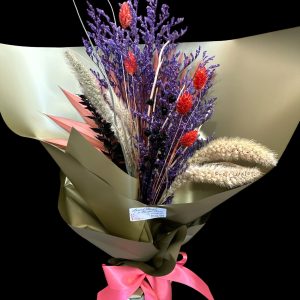 Wild Amethyst dried and preserved flower bouquet in purple, coral, black and natural tones by Linard Floral in Kingaroy