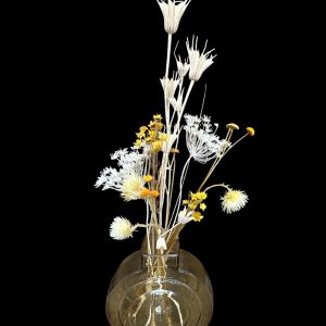 Honey Glow dried and preserved arrangement in white, cream and yellow tones in a glass vase by Linard Floral in Kingaroy